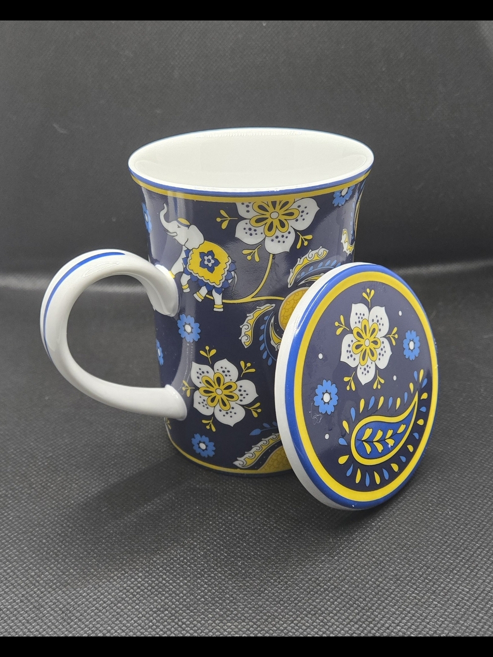 Vera Bradley Navy Blue Yellow Floral Elephant Ceramic Mug with Lid
